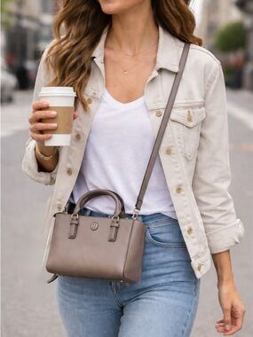 Tory Burch Robinson Mini Square Tote + Crossbody Strap | French Gray Saffiano